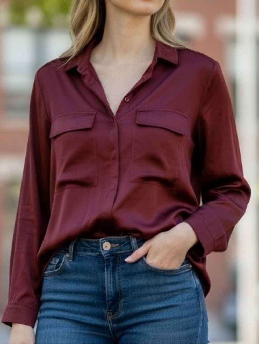 Women's Long-Sleeve Satin Blouse - Deep Burgundy Size 4